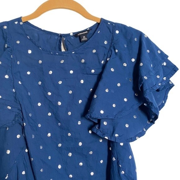 J.Crew JEANS Blue Flutter Sleeve Polka Dot Blouse with Silver Foil Polka Dots XS - Picture 2 of 6